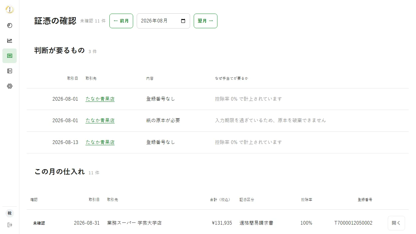 証憑の確認。登録番号なし・紙の原本が要る仕入れを「なぜ手当てが要るか」つきで並べる