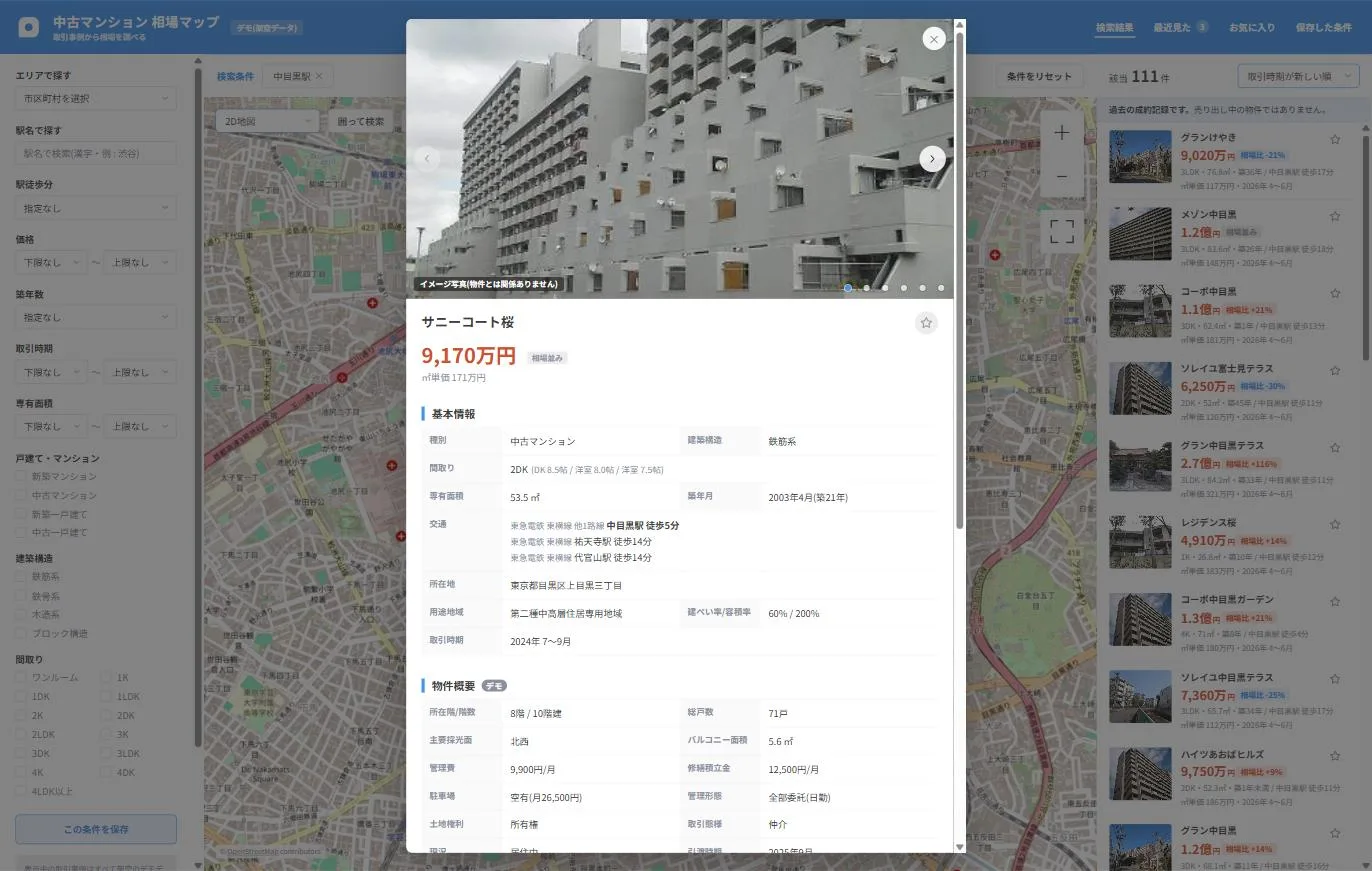 物件の詳細モーダル。写真スライドと基本情報